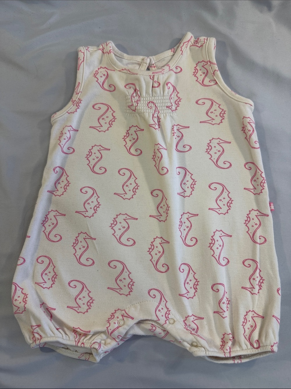 GAP White Sleeveless Sleep Sack Romper with Pink Seahorse Print